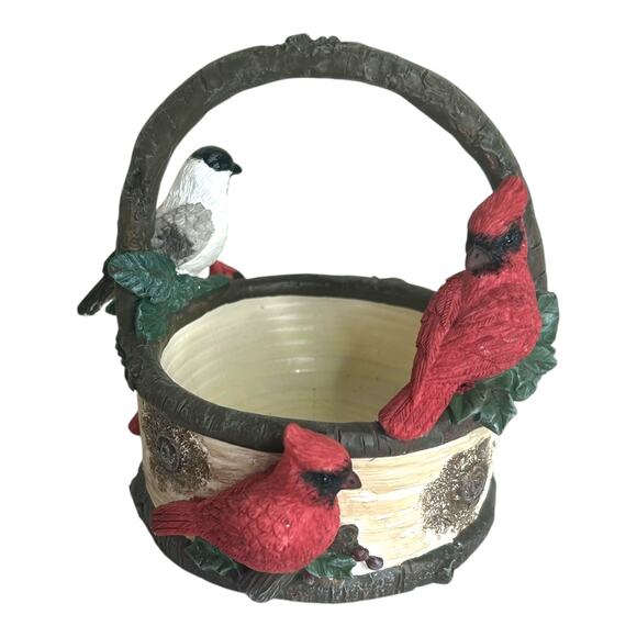 Vintage St. Nicholas Holiday Winter Ceramic Basket Cardinals Chickadee 1999 - Picture 1 of 8
